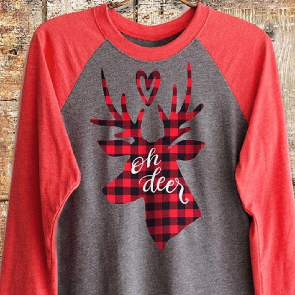 Oh deer buffalo plaid 3/4 sleeve baseball top